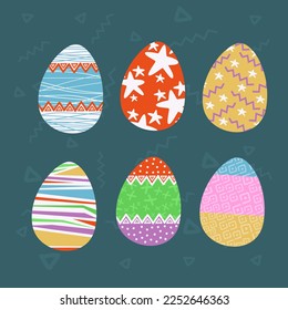 Easter eggs  colorful set collection. Seasonal celebration. Flat style  easter eggs decorated with dots, stripes, ornaments for Easter design.