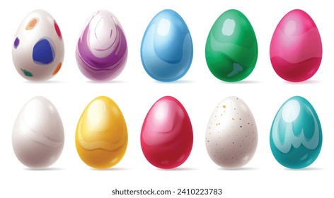 Huevos de Pascua colorido conjunto de diseño vectorial. Colección de huevos de Pascua en pintura color agua, patrón brillante e imprime elementos de decoración 3d realistas. Ilustración vectorial colección de huevos de pascua.
