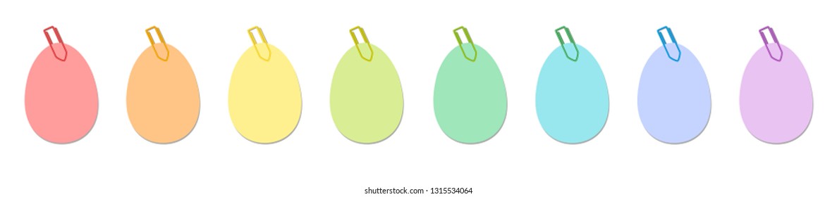 Easter eggs, colorful sticky notes with colored paper clips. Isolated vector illustration on white background.
