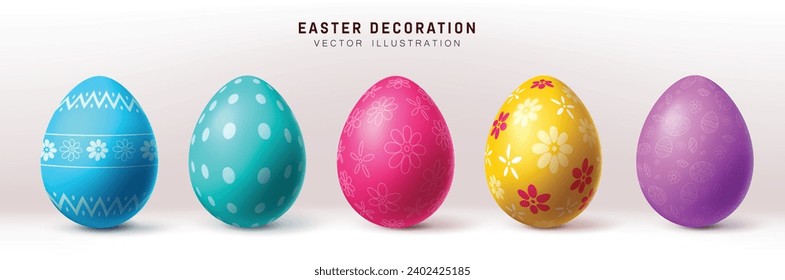 Easter eggs colorful vector set design. Easter eggs colorful decoration with cute pattern and print for 3d realistic elements collection. Vector illustration easter egg decoration collection.
