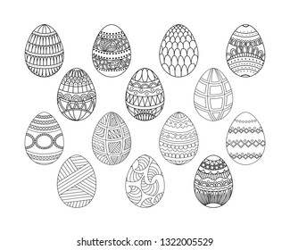 Easter eggs for coloring book. Set of hand drawn eggs with ornaments on white background. Vector illustration. 