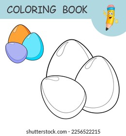 Easter Eggs. Coloring book with silhouette easter Eggs. Template of colorless and color samples animal Eggs. Practice worksheet for kids. Happy Easter. Spring holiday. Design in cartoon style.
