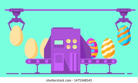 Easter eggs coloring conveyor. Flat festive vector illustration.Easter Factory. Decorating and painting eggs.