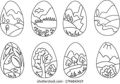 Easter eggs coloring for kids line art nature mountains landscape decoration