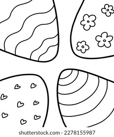 Easter eggs coloring page for kids. Vector lineart eggs with ornament. Perfect for easter pattern, stickers, banner. Hand drawn easter illustration. Spring holiday drawing. Black and white.