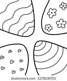 Easter eggs coloring page for kids. Vector lineart eggs with ornament. Perfect for easter pattern, stickers, banner.