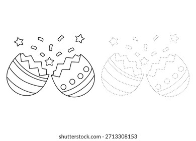 Ostereier Malvorlage für Kinder Aktivität. Spur und Farbe Osterei, Vektor. Malvorlage von Osterei Cracking Öffnen mit Konfetti. Glückliche Osterkarte druckbar. 