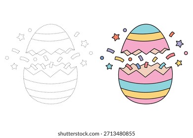 Página de colorir ovos de Páscoa para atividades infantis. Traço e cor de ovo de páscoa, vetor. Página de colorir do ovo de Páscoa Cracking aberto com Confete. Feliz Dia de Páscoa Cartão imprimível. 