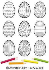 Easter eggs coloring page - nine eggs with different patterns to be colored - isolated vector illustration on white background.