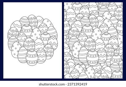 Easter eggs coloring pages set in US Letter format. Doodle background with ornamental doodle eggs  for coloring book. Vector illustration