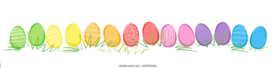 Easter eggs, comic style, in a row with different colors and patterns. Rainbow colored isolated vector illustration on white background.
