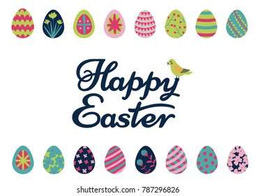 Easter eggs composition cartoon flat style on white background. Decorative horizontal stripe from eggs. Happy Easter lettering with a bird