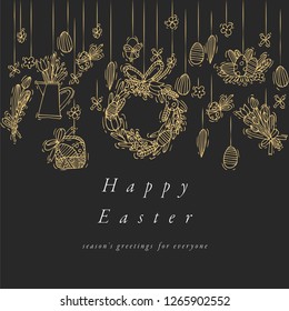 Easter eggs composition. Colorful linear icons on white background. Hanging Easter ornamental eggs. Happy Easter greeting card
