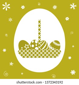 easter eggs composition for greeting card design, Easter Eggs in Basket with an flower on gold Background. vector