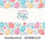 Easter eggs composition hand drawn black on white background. Decorative horizontal stripe from eggs with  doodle leaves.