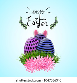 Easter eggs composition, hand drawn black inscription. Easter banner background template with beautiful colorful eggs. Vector illustration.