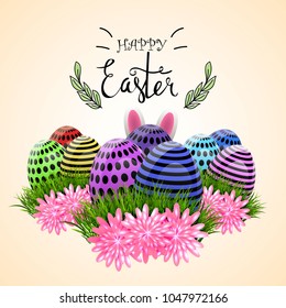 Easter eggs composition, hand drawn black inscription. Easter banner background template with beautiful colorful eggs. Vector illustration.