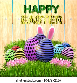 Easter eggs composition, hand drawn black inscription. Easter banner background template with beautiful colorful eggs. Vector illustration.