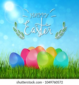 Easter eggs composition, hand drawn black inscription. Easter banner background template with beautiful colorful eggs. Vector illustration.