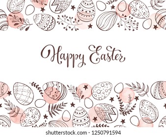 Easter eggs composition hand drawn black on white background. Decorative horizontal stripe from eggs with  leaves and watercolor dots.