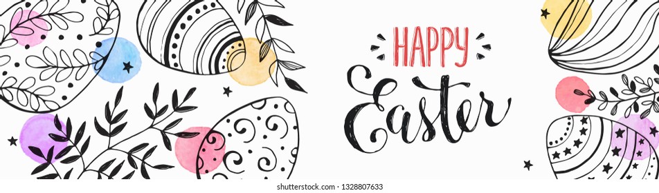 Easter eggs composition hand drawn black on white background. Decorative horizontal stripe from eggs with  leaves and watercolor dots.