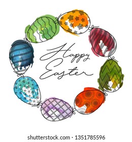 Easter eggs composition hand drawn black on white background. Easter egg icons collection Greeting card with Happy Easter writing. Hand drawn illustration. Banner background. - Vector

