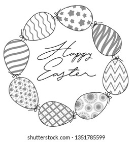 Easter eggs composition hand drawn black on white background. Easter egg icons collection Greeting card with Happy Easter writing. Hand drawn illustration. Banner background. - Vector
