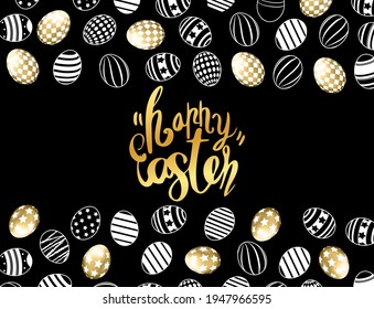 Easter eggs composition hand drawn black with gold eggs background. Decorative background