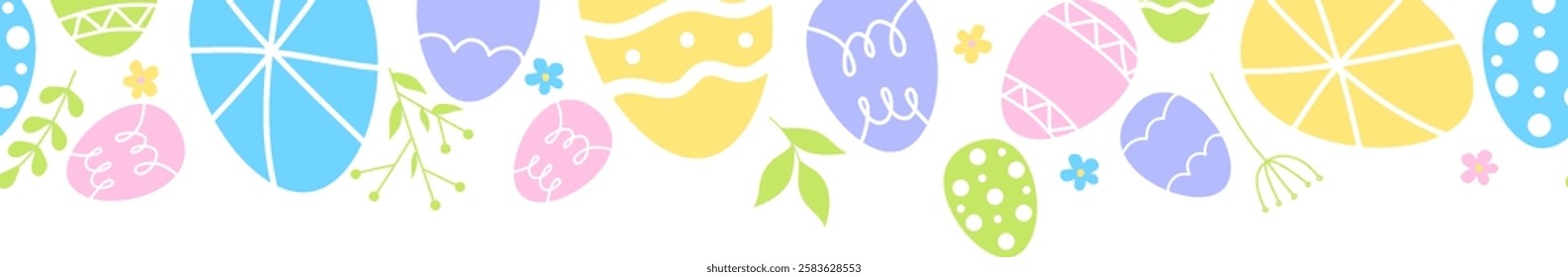 Easter eggs composition hand drawn black on white background. Decorative horizontal stripe from eggs with doodle leaves.