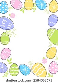 Easter eggs composition hand drawn black on white background. Decorative horizontal stripe from eggs with doodle leaves.