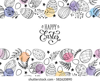 Easter eggs composition hand drawn black on white background. Decorative horizontal stripe from eggs with  leaves and watercolor dots.