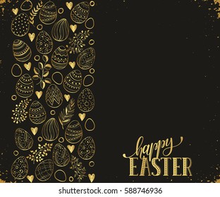 Easter eggs composition hand drawn black on white background. Decorative vertical stripe from eggs with  leaves and calligraphic wording.