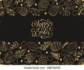 Easter eggs composition hand drawn black on white background. Decorative horizontal stripe from eggs with  leaves and calligraphic wording.