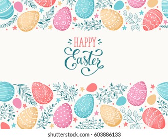 Easter eggs composition hand drawn black on white background. Decorative horizontal stripe from eggs with  doodle leaves.