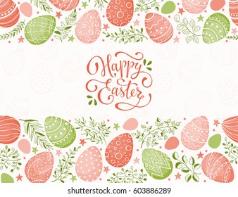 Easter eggs composition hand drawn black on white background. Decorative horizontal stripe from eggs with  doodle leaves.