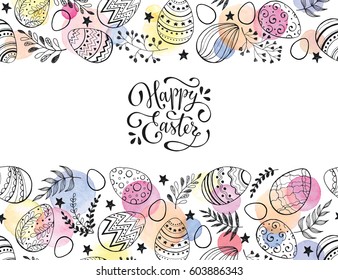 Easter eggs composition hand drawn black on white background. Decorative horizontal stripe from eggs with  leaves and watercolor dots.