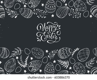 Easter eggs composition hand drawn black on white background. Decorative horizontal stripe from eggs with  leaves and calligraphic wording.