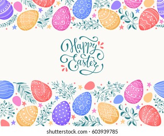 Easter eggs composition hand drawn black on white background. Decorative horizontal stripe from eggs with  doodle leaves.