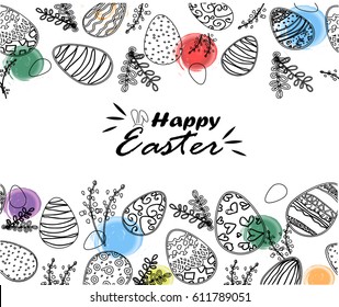 Easter eggs composition hand drawn black on white background. Decorative horizontal stripe from eggs with leaves and watercolor dots.