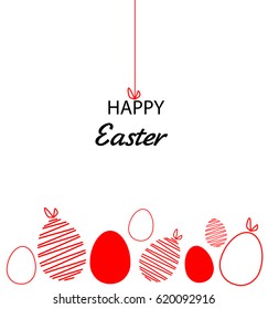 Easter eggs composition hand drawn red on white background with an inscription of happy Easter.  Decorative  stripe from eggs original festive design