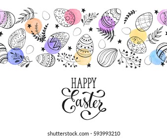 Easter eggs composition isolated on white background. Decorative horizontal border from eggs with  leaves and watercolor dots.