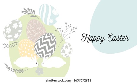 Easter eggs composition on white background. Eggs, branches, rabbits in gentle pastel colors.