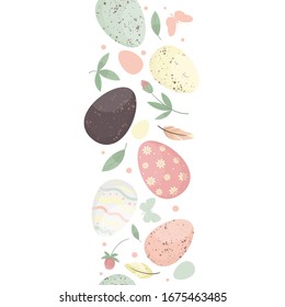 Easter eggs composition seamless pattern. Decorative horizontal stripe from eggs with leaves and watercolor dots.