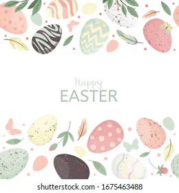 Easter eggs composition seamless pattern. Decorative horizontal stripe from eggs with leaves and watercolor dots.