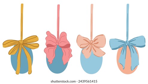 Huevos de Pascua con Cinta de Arco de Coqueta. Guirnalda de huevo de Pascua colgante o borde. Ilustración colorida del vector de la fiesta de la estética linda. Dibujado a mano infantil estilo de dibujos animados. Aislado sobre fondo blanco.