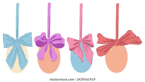 Easter Eggs with Coquette Bow Ribbon Set. Hanging Easter Egg Garland or Border. Cute Aesthetic Colorful Holiday Vector Illustration. Hand Drawn Childish Cartoon Style. Isolated on White Background.