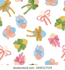 Easter Eggs with Coquette Bow Ribbon Seamless Pattern. Elegant Easter Egg Wallpaper. Colorful Holiday Print, Fabric, Textile, Fashion Vector Illustration on White Background.