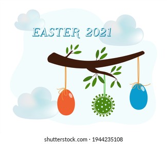Ostereier und Koronavirus auf einem Ast. Konzeption - Ostern 2021, 21. Jahrhundert. Vektorgrafik einzeln auf Wolkenhintergrund.