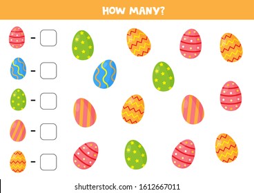 Easter Eggs Counting Game. How Many Are There. Worksheet For Kids.