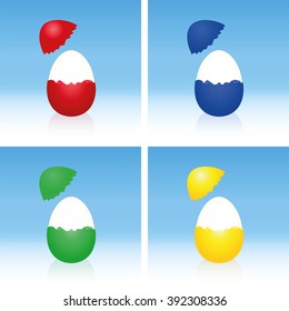 Easter eggs with cracked half peeled shell and hard boiled egg white. Three-dimensional vector illustration on gradient blue background.